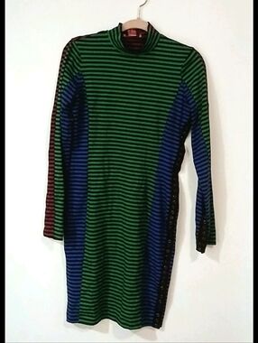 Vintage Betsey Johnson Striped Dress Mock Neck Colorblock Bodycon Grommet 90s L